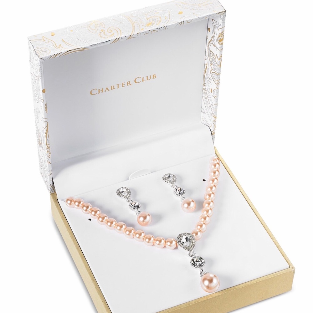 Cubic Zirconia Pearl Lariat Necklace Earrings Set - Picture 3 of 7